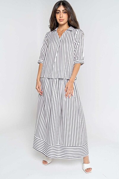 mica قميص نسائي مخطط عمودي بأكمام قصيرة