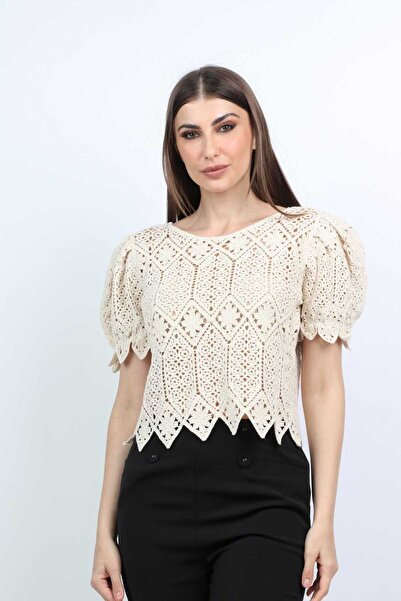 mica بلوزة نسائية من الدانتيل بأكمام منتفخة
