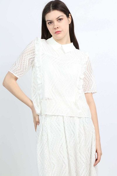 mica Women's Lace Shirt with Classic Collar and Short Sleeves