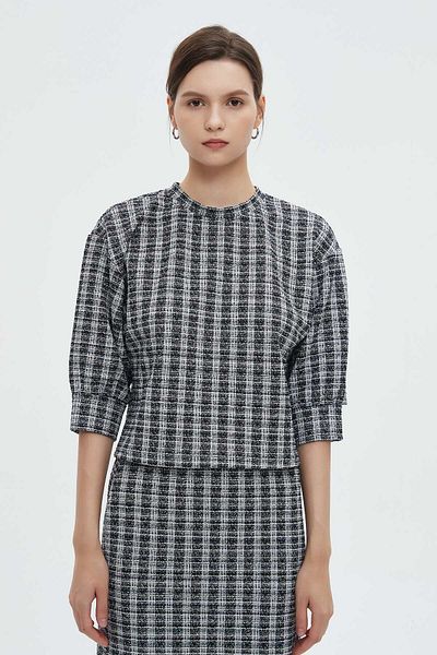 mica Women's 3/4 Sleeve Striped Checkered Blouse with Round Neck