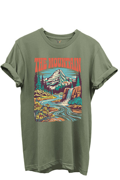 WİDİ The Mountain Written Mountain Landscape και Waterfall Printed 100% βαμβακερό μπλουζάκι Unisex με κανονική εφαρμογή