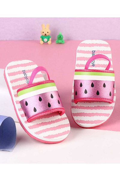Babyoye Striped & Watermelon Printed Flip Flops with Back Strap - Pink