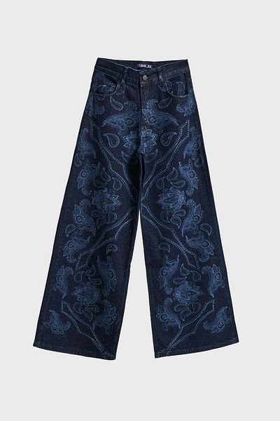 its basic Women's Dark Blue Color 9W5-5 Palazzo Fit Shiny Stone Patterned Special Design Denim Jean