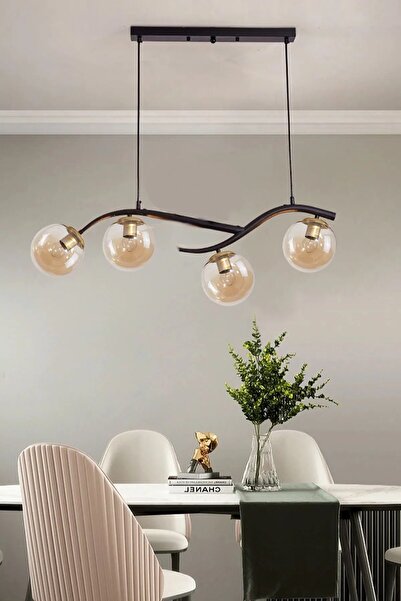 ABAJUR EVİM Labra Modern Mimari Tasarım Siyah Kasa Bal Camlı Sıralı Dörtlü Avize