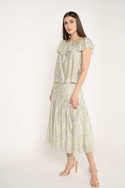 mica Floral Ruffled Hem Midi Skirt