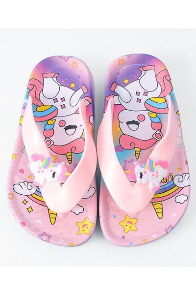 SAPS Unicorn Print Slip On Flip Flops - Pink