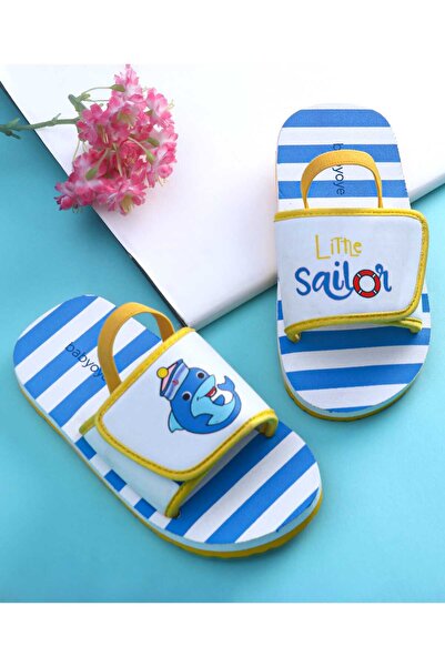 Babyoye شبشب بحار صغير مطبوع عليه نص ومخطط مع حزام خلفي - أزرق