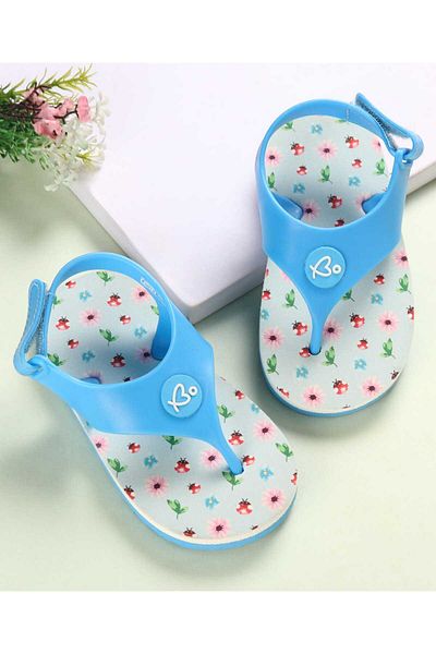 Babyoye Velcro Closer Flip Flops with Floral Print - Light Blue