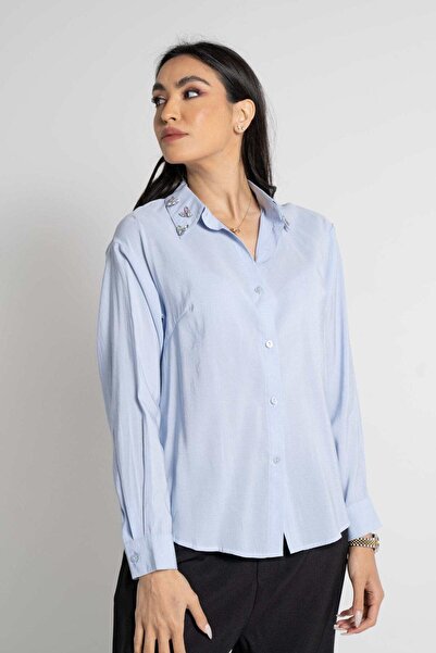 mica Embroidered Collar Long Sleeve Shirt with Front Buttons
