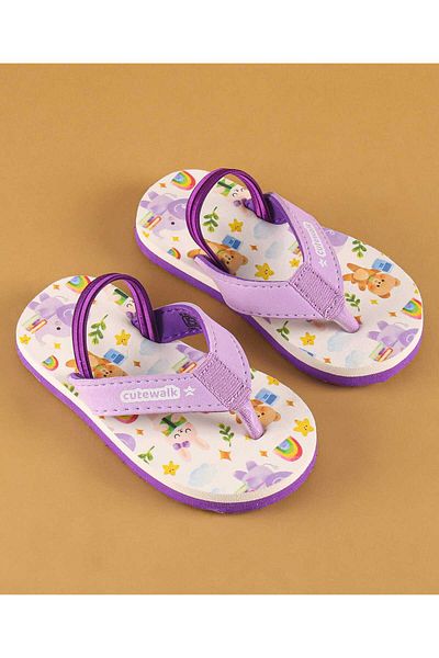 Cute Walk by Babyhug Cute Walk by Babyhug Animals & Books Printed Flip Flops with Back Strap - White & Lilac