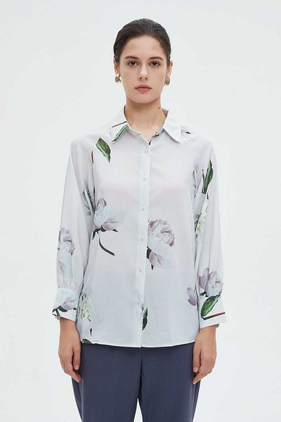 mica Women's Long Flower Print Blouse with Collar and Long Sleeves