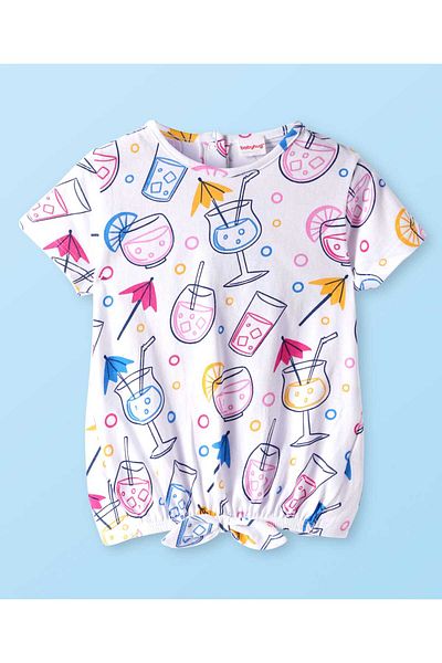 Babyhug طقم من بلوزة وشورت بأكمام نصفية من قماش جيرسي محبوك، مزين بطبعة مشروبات وربطة عنق - أبيض ووردي