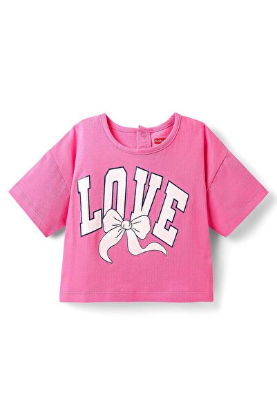Babyhug Single Jersey Knit Half Sleeves Top & Denim Skirt Set With Love Print - Pink & Blue