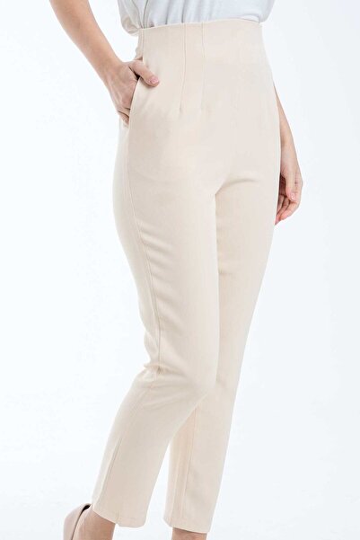 mica بنطلون نسائي طويل سادة بخصر عالٍ وجيوب أمامية