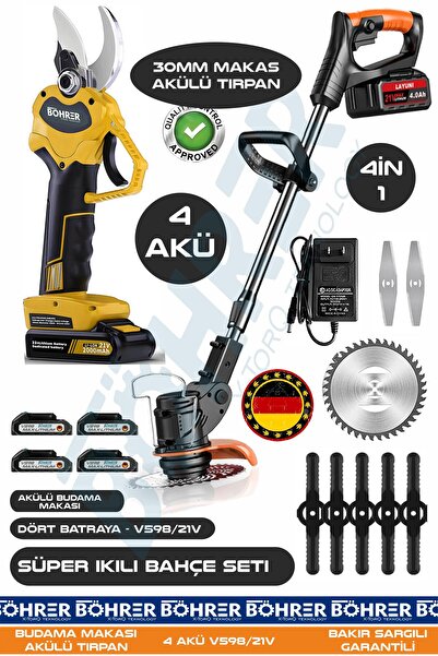 BÖHRER 21V +4 Akülü Uzayan Teleskopik Kol Çim Biçme - Akülü 30MM Budama Makası - Pratik Süper 2'li Set