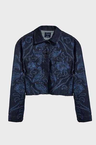 its basic Women's Dark Blue Color 9W5-5 Special Design Denim Jacket with Button Front and Shiny Stone Pattern