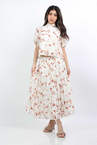 mica Soft Pleated Wide Floral Midi Skirt