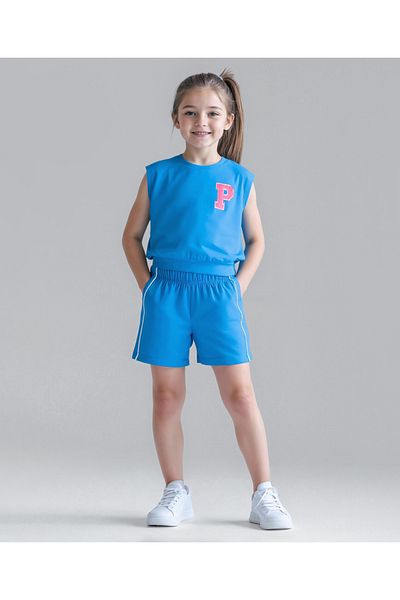 Primo Gino Primo Gino Cotton Elastane Knit Sleeveless T-Shirt & Shorts Set Paris Embroidery - Blue
