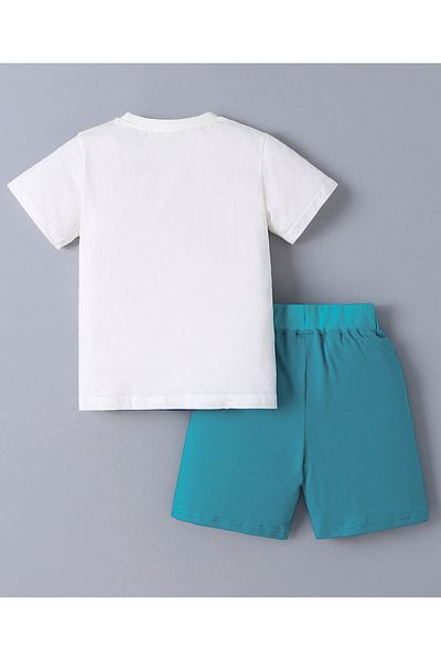 SAPS 100% Cotton Rocket Graphic & Patch Detailed Short Sleeves T-Shirt & Shorts Set - White & Teal