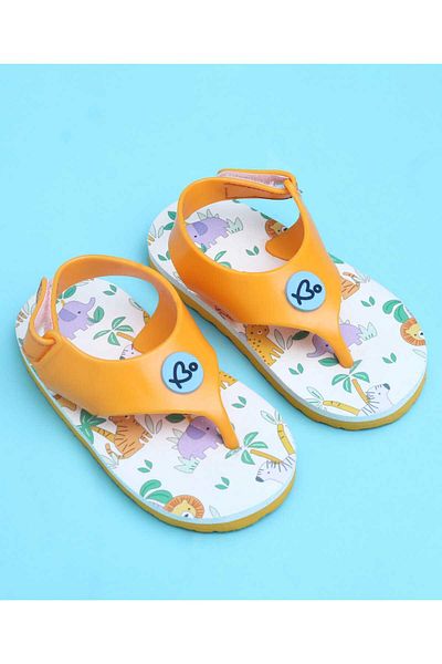 Babyoye Velcro Closure Flip Flops with Animals Print - Orange/White