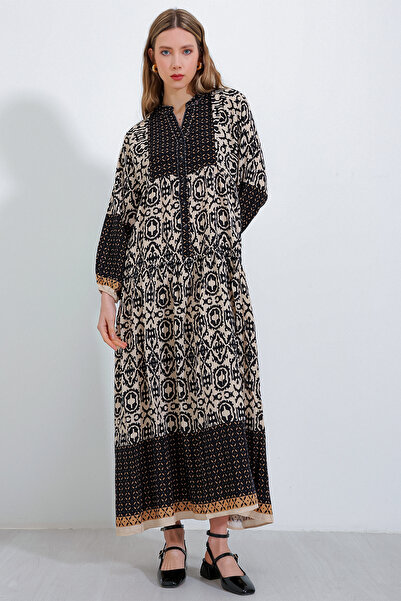 Merterium 2423 Authentic Patterned Hijab Dress - Black4