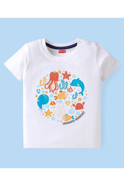 Babyhug طقم تي شيرت وشورت من قماش جيرسي محبوك بطبعة الحياة البحرية - أزرق داكن وأبيض