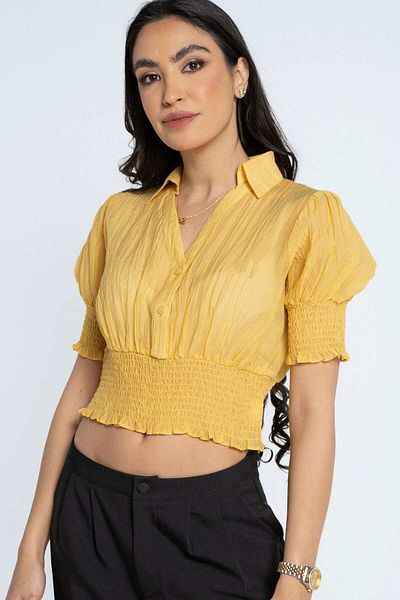 mica Short Sleeve Cropped Blouse with Elastic Waist
