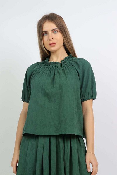mica Women's Puff Sleeve Short Sleeve Blouse with Elastic Neckline