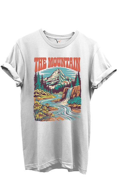 WİDİ Tricou unisex cu aspect normal, 100% bumbac, cu scrisul The Mountain și cascadă