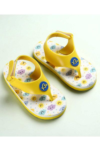 Babyoye Velcro Closure Flip Flops With Cloud Print -White & Yellow