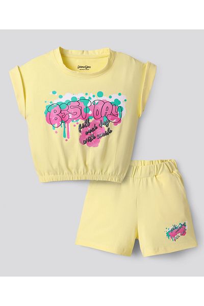 Primo Gino Primo Gino Cotton Printed Sleeveless Waist Length T-Shirt & Shorts Set - Yellow
