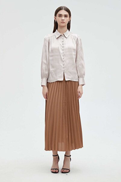 mica Women's Solid Long Sleeve Blouse with Front Buttons