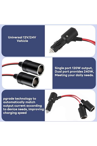 Choice Car Cigarette Lighter Splitter Adapter 12V/24V, 1 Male to 2 Female Sockets with On/Off Switch, Y ...