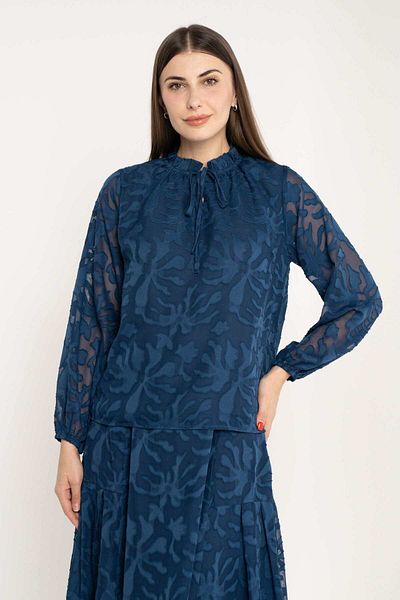 mica Floral Sheer Long Sleeve Blouse with Neck Tie