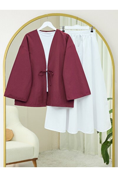 Modamorfo Lace-Up Front Poplin Kimono - Burgundy