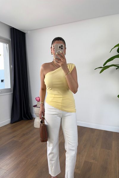 BİRCANÇİL Keta Yellow One Shoulder Blouse with Side Gather Detail