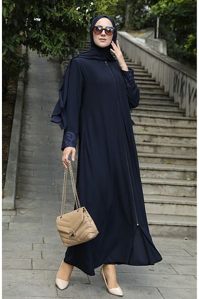 ISTANBUL STYLES Laser Stone Crepe Fabric Ferace with Stones on the Front and Laced Sleeves