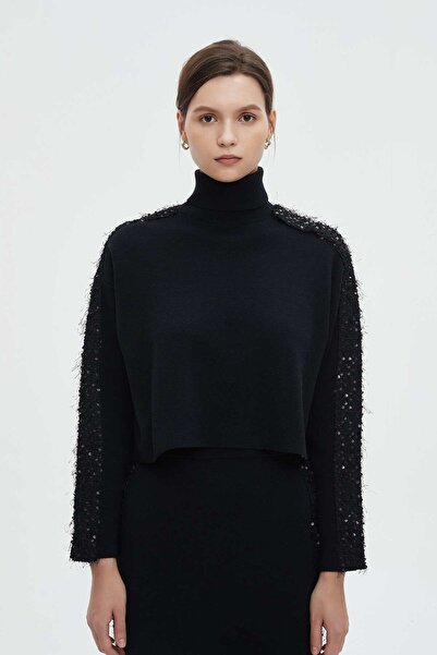 mica Women's Winter Blouse with Embroidered Sleeves and High Neck for Events