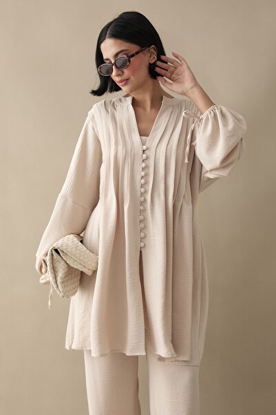 InStyle Béžová súprava Ayrobin s rebrovanými rukávmi a šnúrkou