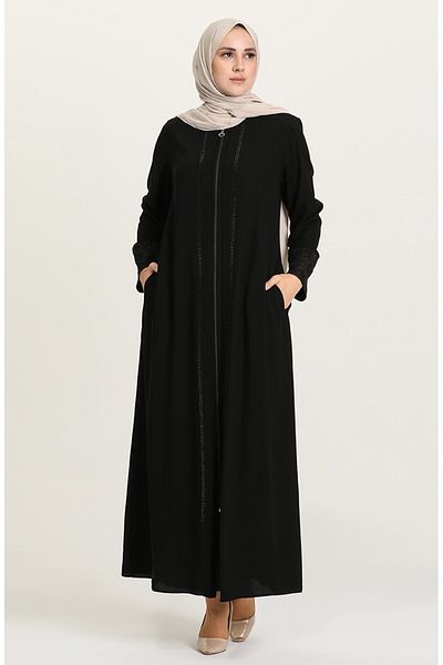 ISTANBUL STYLES Laser Stone Crepe Fabric Ferace with Stones on the Front and Laced Sleeves