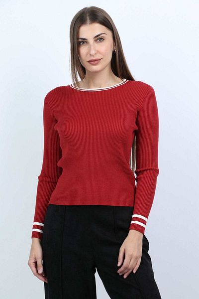 mica Women's Striped Long Sleeve Ribbed Blouse with Round Neck