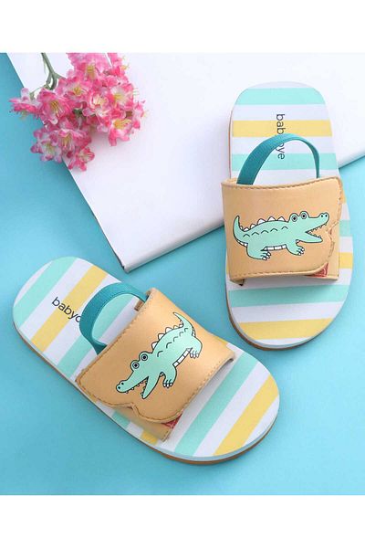 Babyoye Crocodile Printed Flip Flops with Back Strap - Yellow & Green