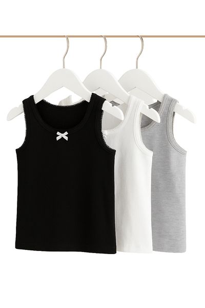 Victor and Jane 3-Pack Girls' Cotton Vests – Neutral Basics in Black, White & Grey