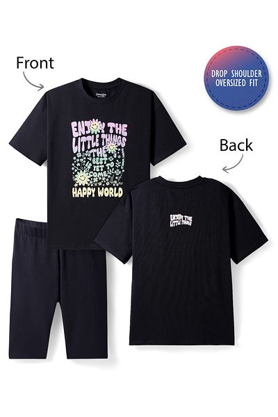 Primo Gino Primo Gino Cotton Cycling Shorts Set with Short-Sleeve Printed Oversized T-Shirt - Black