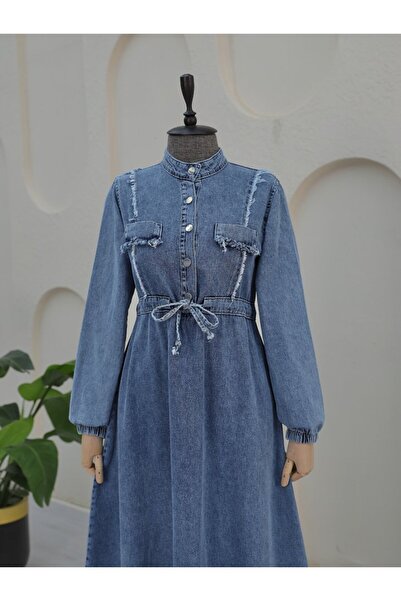 ALPACO Τζιν φόρεμα με φούντες και κορδόνια - Ice Blue