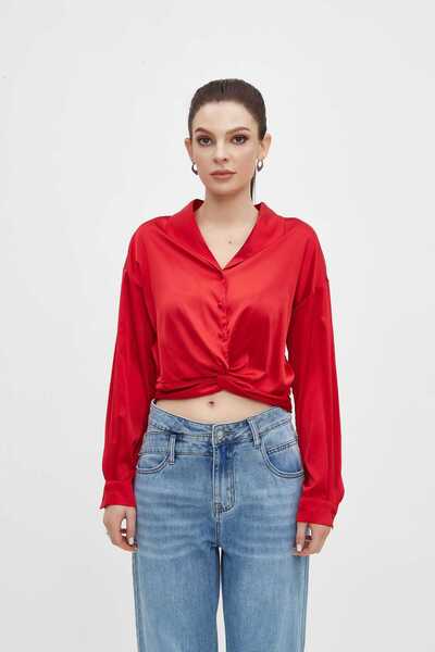 mica بلوزة نسائية سادة بأكمام طويلة وياقة قميص