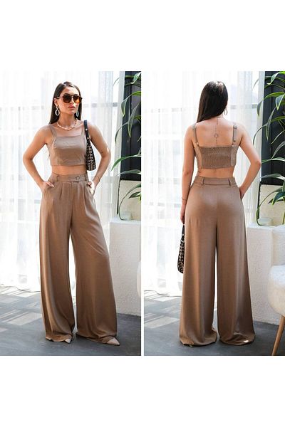 OUZ Fashion Women's Linen Vest Crop and Pants Two Piece Set
