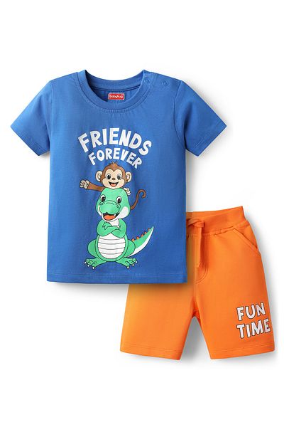 Babyhug طقم تي شيرت وشورت بأكمام نصفية من قماش جيرسي محبوك من Animal & Friends Forever - برتقالي وأزرق