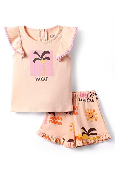 Bonfino طقم تي شيرت وشورت مطبوع عليه أشعة الشمس - خوخي