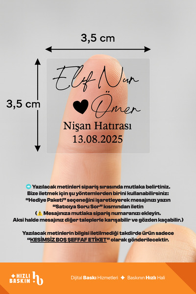 Hızlı Baskım Kare Şeffaf Etiket 3,5x3,5 cm - 90 Adet | Nişan, Kına, Düğün, Do...
